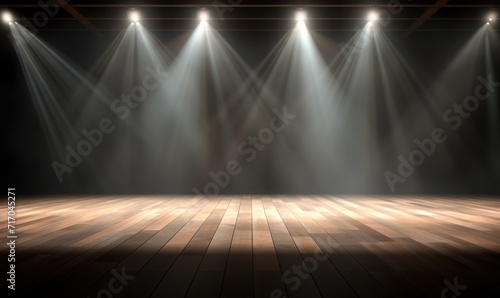 Illuminated Empty Stage with Dramatic Spotlights. Simple Empty Stage with Spotlight Beams Background