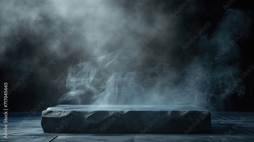 Empty stone and steaming or smoke against a dark, moody backdrop, creating a sense of mystery.