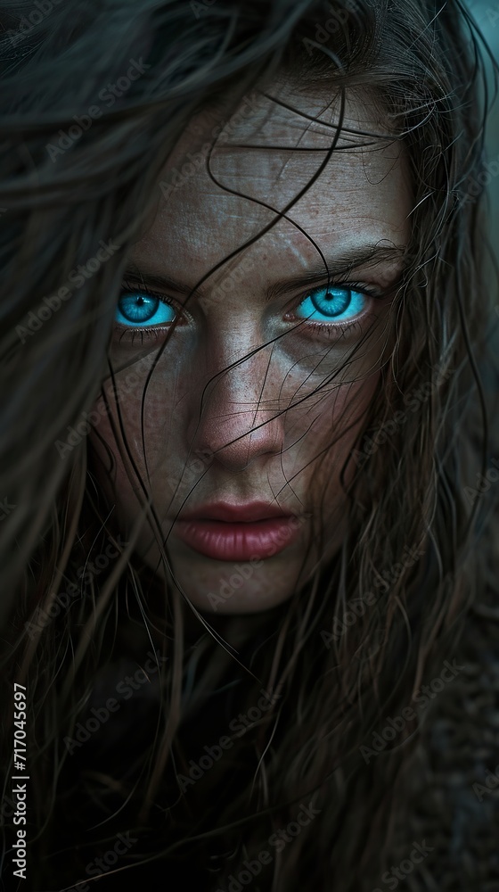 A Norwegian woman with flowing hair and blue eyes in epic portrait style. Beautiful woman in complex outfits and penetrating gaze in shades of gray. A Norwegian woman with flowing hair and blue eyes in epic portrait style. Beautiful woman in complex outfits and penetrating gaze in shades of gray.