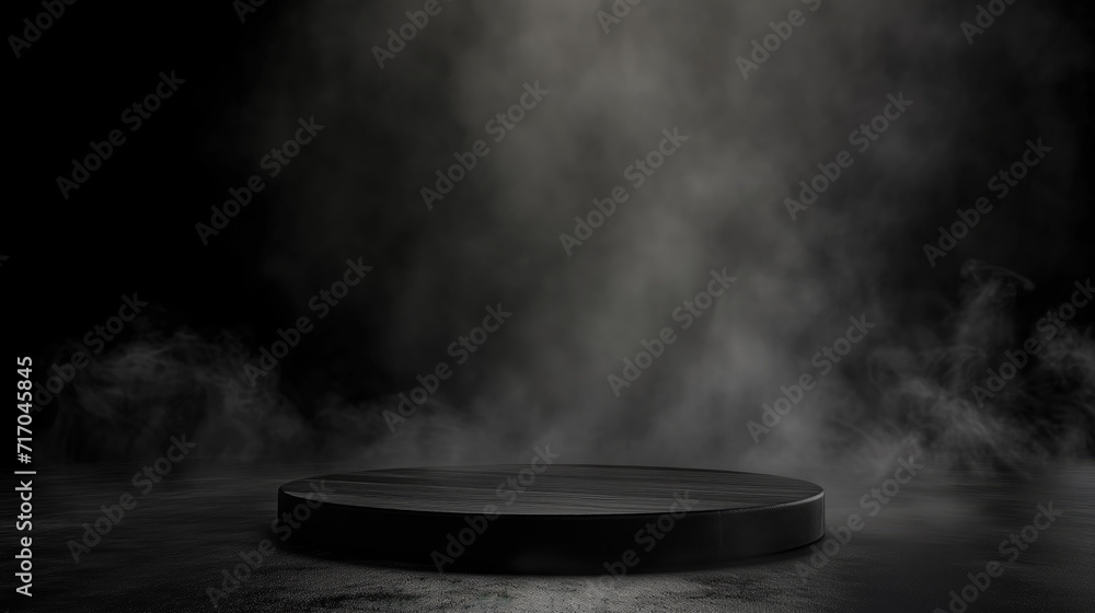 A round black wood slab enveloped in swirling smoke, creating an atmospheric and moody visual on a dark background.