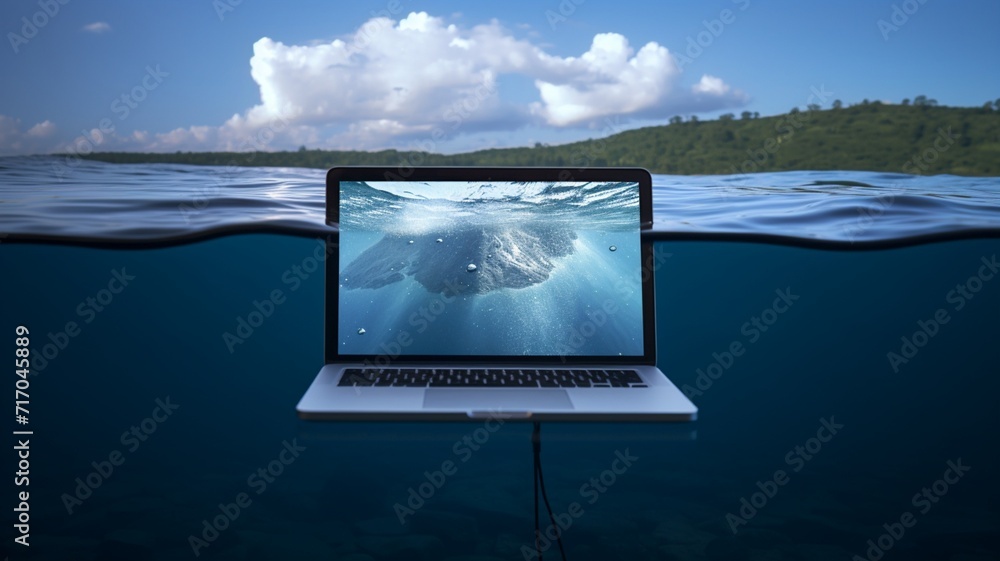 Laptop sinking at water disaster floating image blue sky wallpaper - obrazy, fototapety, plakaty 