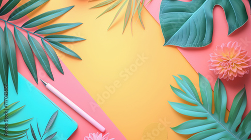 Creative pastel coloured summer tropical background mockup for notes.