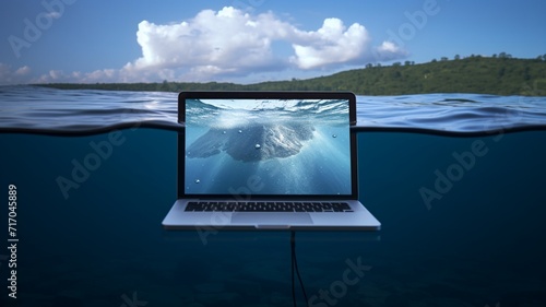 Laptop sinking at water disaster floating image blue sky wallpaper
