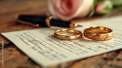 Wedding bands on marriage certificate with rose and pen