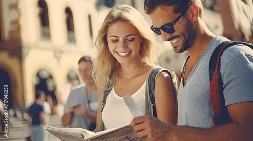 City insights: A young couple immersed in a sightseeing tour, diligently reading their guidebook.