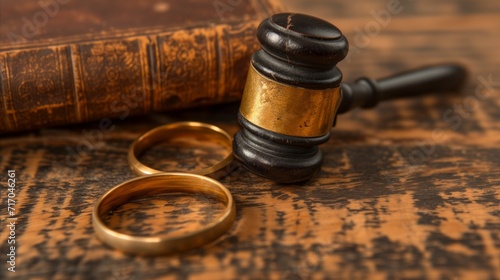 Legal concept of marriage and divorce with gavel and rings photo