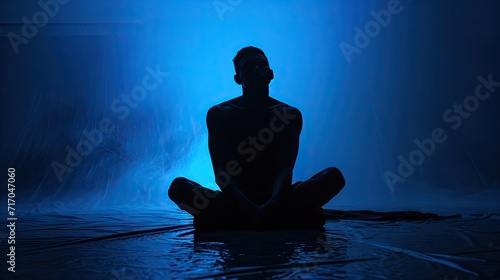 Silhouette of a man meditating in a dark room with blue light