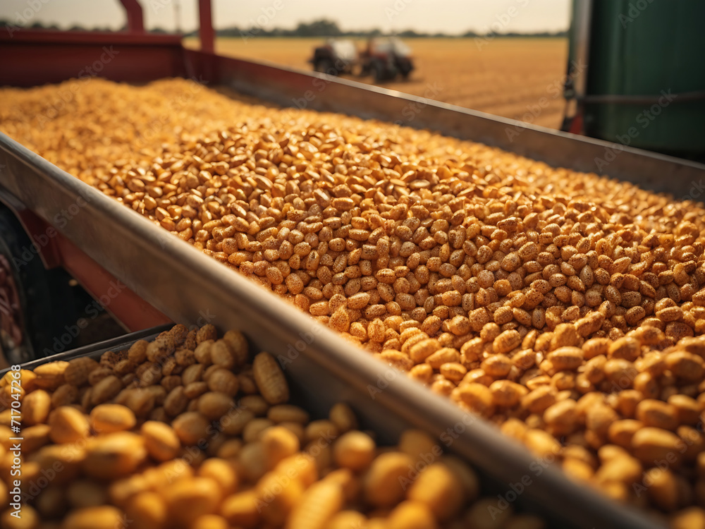 Obraz premium Harvester pouring freshly harvested corn maize seeds or soybeans into container trailer near, closeup detail, afternoon sunshine design.