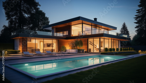 Casa moderna impianto fotovoltaico con piscina di notte illuminata dall'interno