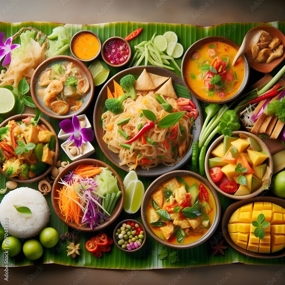 Thai food on a plate with curry soup Thai food on a plate with curry soup