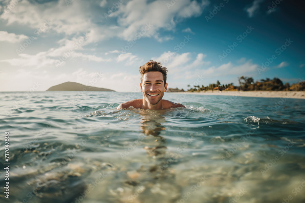  young adult man swimming in the shallow water in the sea on a beach, smiling and happy