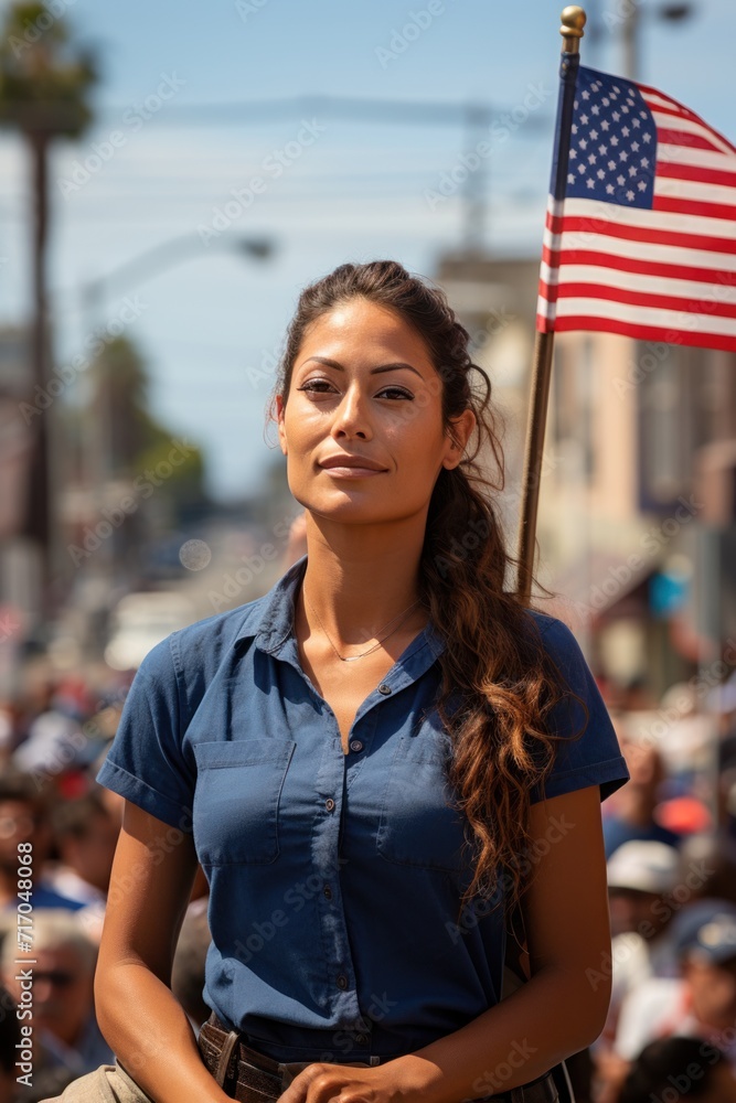 A poised woman stands with confidence, American flag in tow, amidst a bustling street parade
