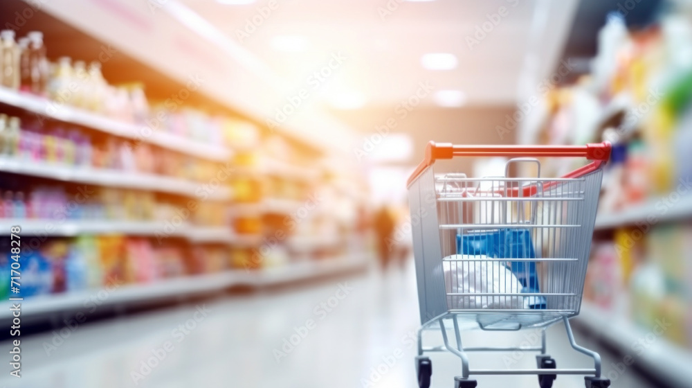 Bright Supermarket Blurred Aisle with Empty Shopping Cart. Bright Supermarket Blurred Aisle with Empty Shopping Cart.