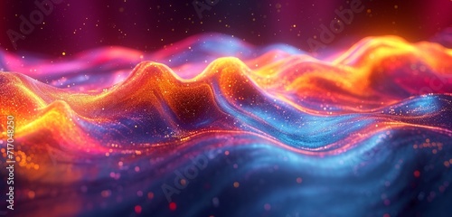 Vibrant, iridescent neon wave in fluid 3D motion, contrasting with a colorful abstract backdrop. Holographic HD appearance.