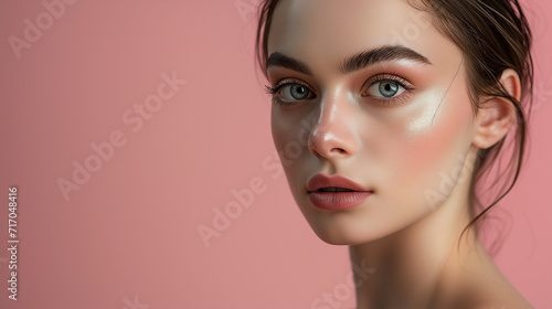 Close-up portrait of a young woman with flawless skin, a serene expression, highlighted by a soft pink background enhancing her natural beauty.