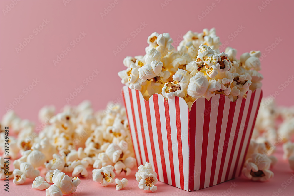 closeup striped paper box filled with tasty popcorn on a pink background