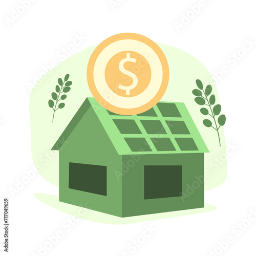 Eco house with solar panels. Energy efficiency in household and industry. use green electricity, paying less. saving money. Vector illustration.