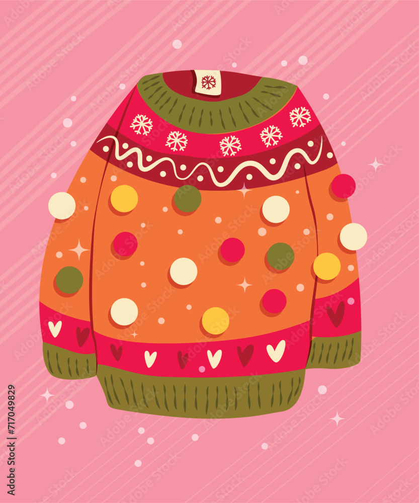 Cute vibrant hand drawn sweater with winter decoration and pom-poms. Colorful holiday vector illustration. Cute vibrant hand drawn sweater with winter decoration and pom-poms. Colorful holiday vector illustration.
