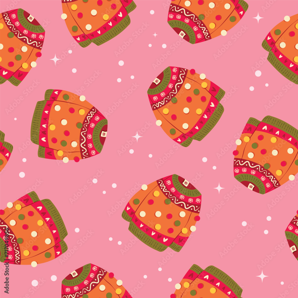 Cute vibrant hand drawn sweater with winter decoration and pom-poms seamless pattern. Colorful holiday vector illustration on pink background. Vibrant repeat design. Cute vibrant hand drawn sweater with winter decoration and pom-poms seamless pattern. Colorful holiday vector illustration on pink background. Vibrant repeat design.