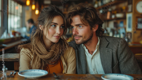 A young couple in love is relaxing and drinking coffee in a cafe or coffee shop. Beautiful man and woman spending time together. Concept of relaxation, love.