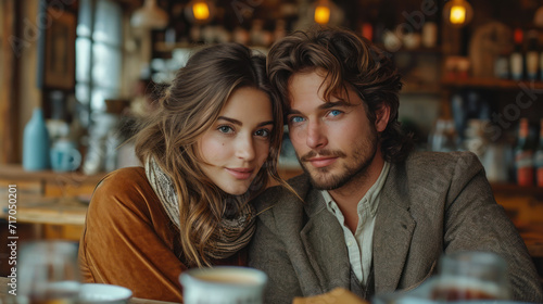 A young couple in love is relaxing and drinking coffee in a cafe or coffee shop. Beautiful man and woman spending time together. Concept of relaxation, love.