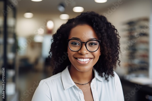 A young smiling Black woman wearing glasses in an Optical Store. Eyeglasses commercial woman. Optician