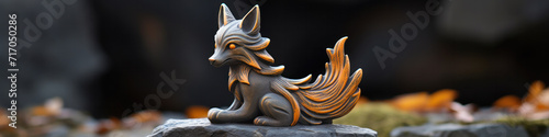 Metal figurine of a fox from Japanese folklore against background of stones and forest.