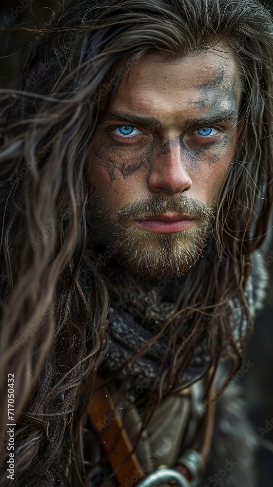 A Norwegian man with flowing hair and blue eyes in epic portrait style. Gorgeous man with complex costumes and penetrating gaze in shades of gray. A Norwegian man with flowing hair and blue eyes in epic portrait style. Gorgeous man with complex costumes and penetrating gaze in shades of gray.