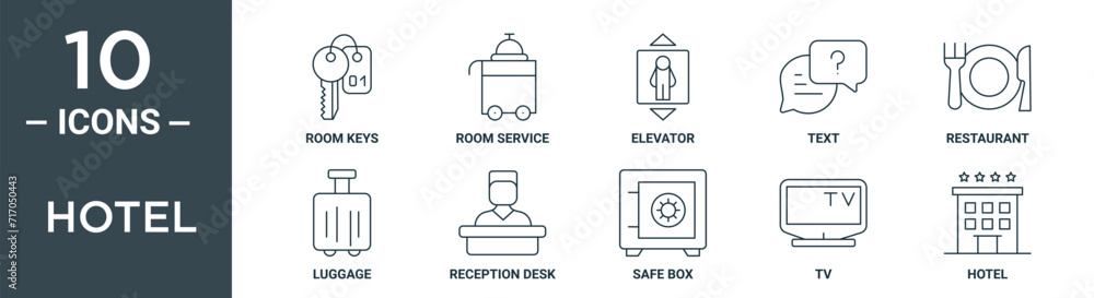 hotel outline icon set includes thin line room keys, room service ...