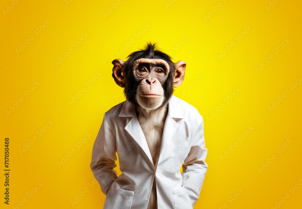 Chimpanzee in a white coat on a yellow background. Funny background for banners, Internet notepads, etc. Chimpanzee in a white coat on a yellow background. Funny background for banners, Internet notepads, etc.