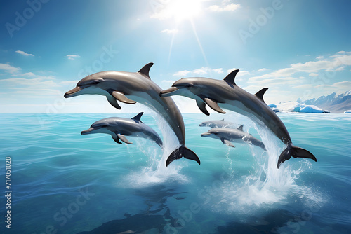 A pod of dolphins jumping over the sea