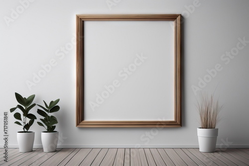 Wooden blank frame on the white wall, interior background 