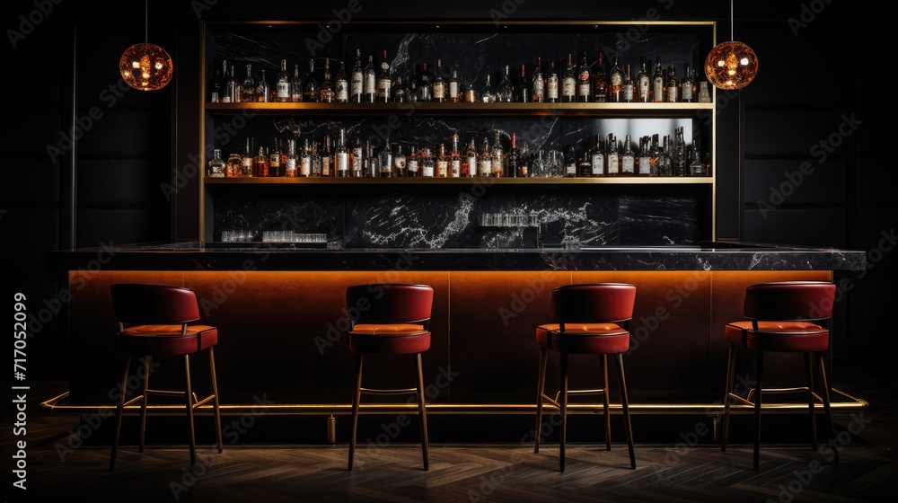 Nightlife elegance: Black background, bar and desk with free space for your glass.