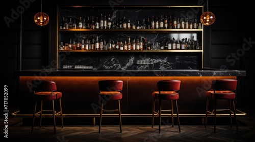 Nightlife elegance: Black background, bar and desk with free space for your glass.