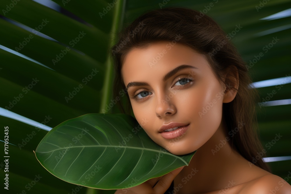 beautiful young woman with captivating eyes holds a lush green leaf up to her face, highlighting her connection to nature and natural beauty