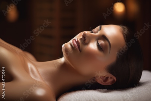 close up of woman lies in a spa, her serene expression reflecting ultimate relaxation amidst a backdrop of soft candlelight