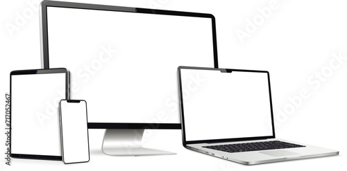 Realistic monitor computer, laptop, tablet, cellphone. Flat lay detailed and realistic devices mockup