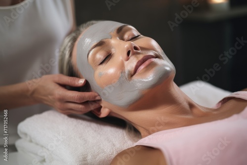 mature woman enjoys a soothing facial treatment at a spa, with a cosmetologist applying a moisturizing mask to her relaxed and content face