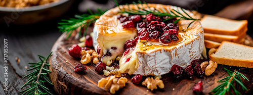 Camembert cheese with jam and nuts. Selective focus.