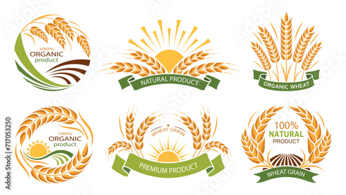 Wheat ears icons. Set of vector organic product labels. Grain, ear of wheat and wreath. Organic wheat, bread agriculture and natural eat, barley or rice millet. Isolated. Vector illustration photo