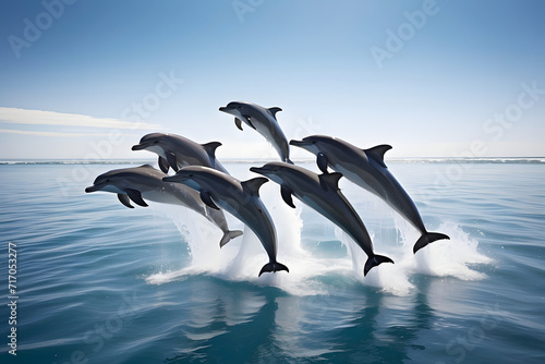 A pod of dolphins jumping over the sea