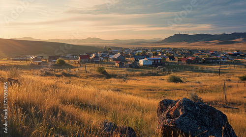 A breathtaking landscape of a Native American reservation at sunrise, where the morning light illuminates traditional dwellings and showcases the harmonious relationship between th