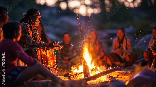 A tranquil scene of a Native American elder telling stories around a campfire, surrounded by family and community members, with the warm glow of the flames enhancing the atmosphere photo