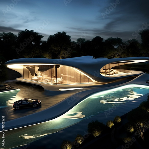 Luxury futuristic glowing lights villas architecture surfing sky vintage house building wallpaper