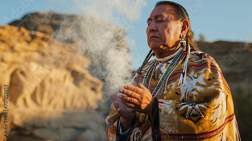 A Native American ceremony featuring a tribal leader offering prayers and blessings, the sacred smoke from burning herbs rising against a backdrop of ancient petroglyphs, connectin