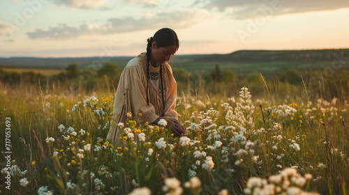 A serene image of a Native American woman gathering herbs and plants in a vast meadow, emphasizing the deep connection between indigenous communities and the natural world. photo
