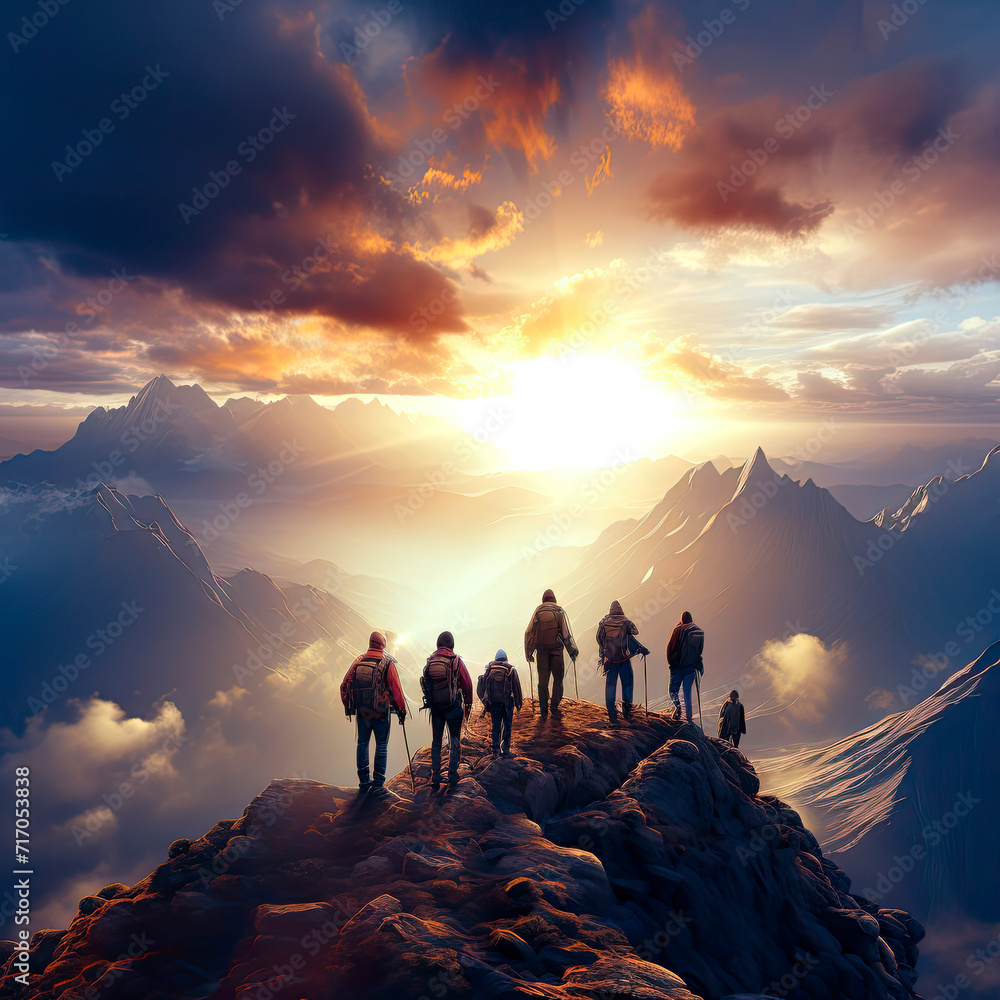 business. teamwork helping hand business travel silhouette concept. group team tourists lends helping hand climb cliffs mountains helping hand. teamwork people climbers climb top overcoming hardships - obrazy, fototapety, plakaty 