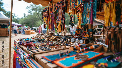 A traditional Native American powwow vendor booth filled with handmade crafts, jewelry, and textiles, showcasing the diversity and beauty of indigenous artistry.