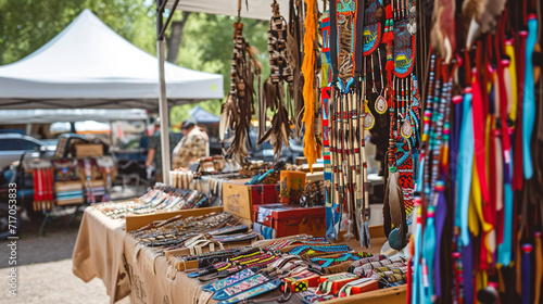 A traditional Native American powwow vendor booth filled with handmade crafts, jewelry, and textiles, showcasing the diversity and beauty of indigenous artistry. photo