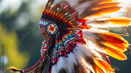 A close-up of a Native American traditional dancer's intricate feathered headdress, capturing the details and craftsmanship that go into creating these symbolic and culturally sign © Kateryna Arkhypova